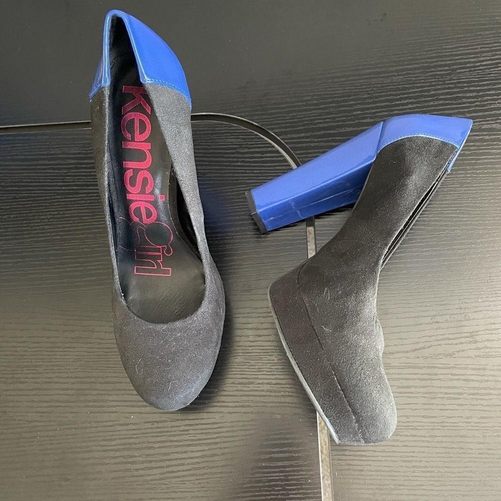 Kensie Girl Platform Black Suede Blue Patent Leather Round Toe Chunk Heel, 9 1/2